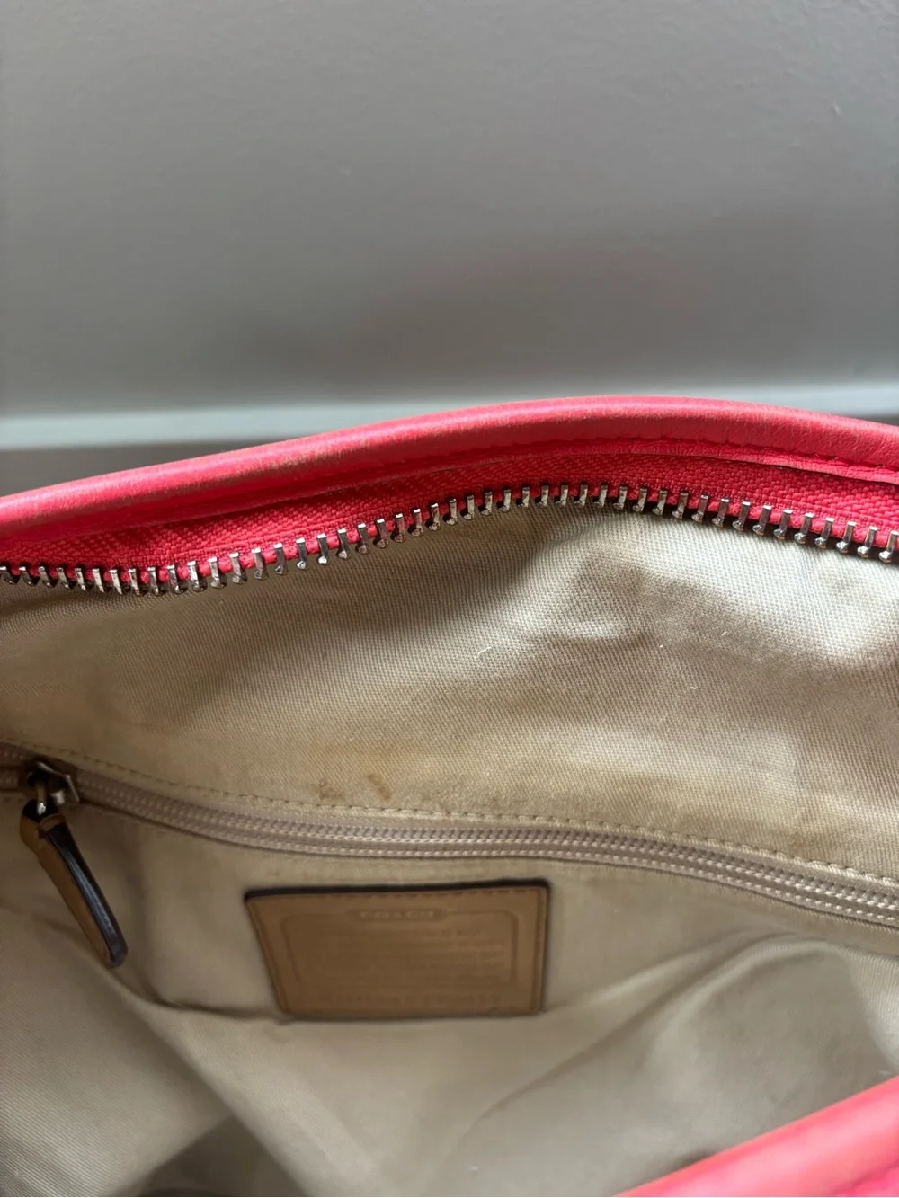 Coach Legacy Tan Leather Crossbody Bag with Coral Trim Purse